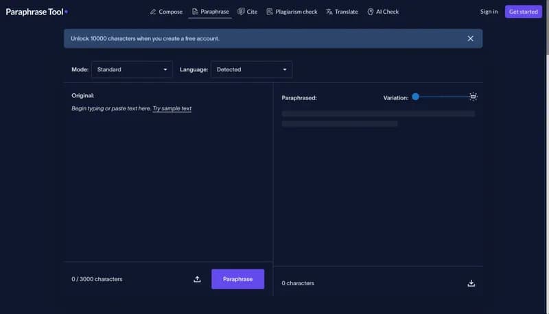 paraphrasetool.com screenshot