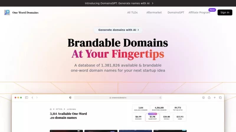 One Word Domains screenshot