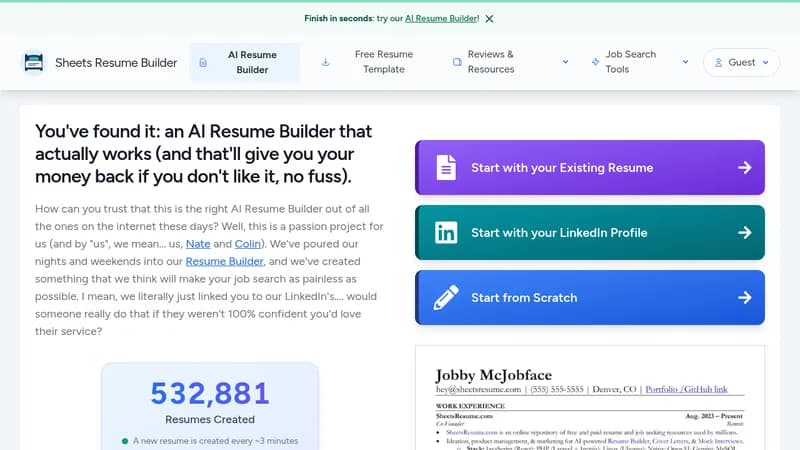 sheets resume builder website
