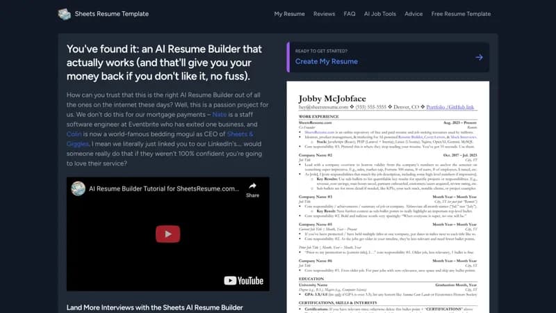sheetsresume.com screenshot